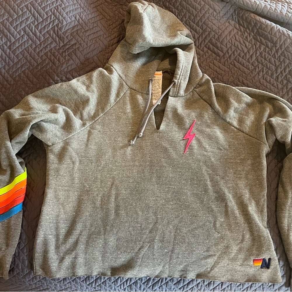 AN gray cropped hoodie with hot pink lightning bolt